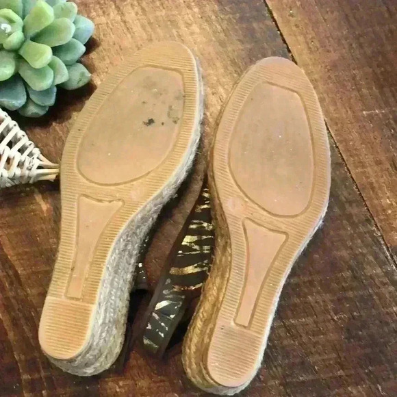 Eric Michael | Gold & Brown Zebra Print Espadrille Wedge Sandals - Picture 3 of 5